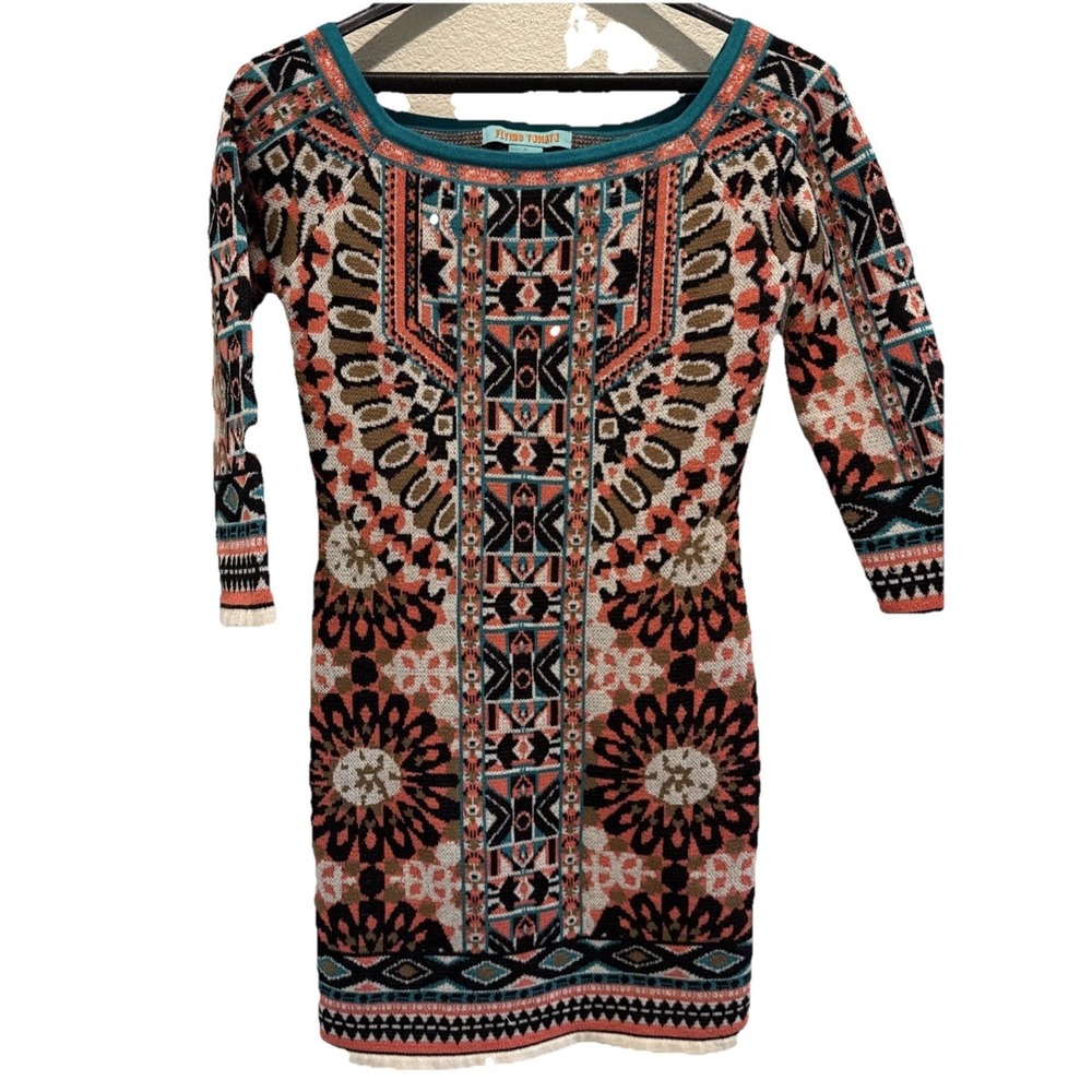 Flying Tomato Aztec Sweater Dress Womens S Long Sleeve Office Geo Boho Floral